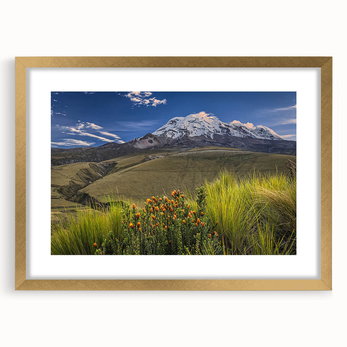 Extra large abstract art print of South American scenery in textured style, with gold frame, ideal for living room decor.