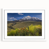Abstract art print of Ecuadorian landscape in muted earth tones on a framed white mat, ideal for dining room decor.