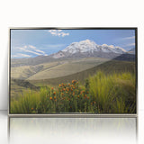 Mid-century modernist art of an Ecuadorian landscape in silver framed acrylic, featuring muted earth tones.