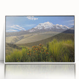 Art deco poster featuring a vibrant Ecuadorian landscape in acrylic, framed in white, ideal for modern nursery wall art.