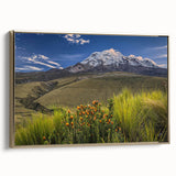 Framed canvas wall art depicting a vintage-style landscape of Ecuador with a black and gold color palette.