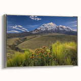 Landscape art painting of an Ecuador scenery on silver-framed canvas, featuring vibrant colors and vintage poster style.
