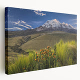 A landscape painting of the Ecuadorian countryside on stretched canvas, featuring lush green tones.