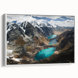 Vintage poster art of a Peruvian landscape on framed canvas, featuring colorful accents on a black background.