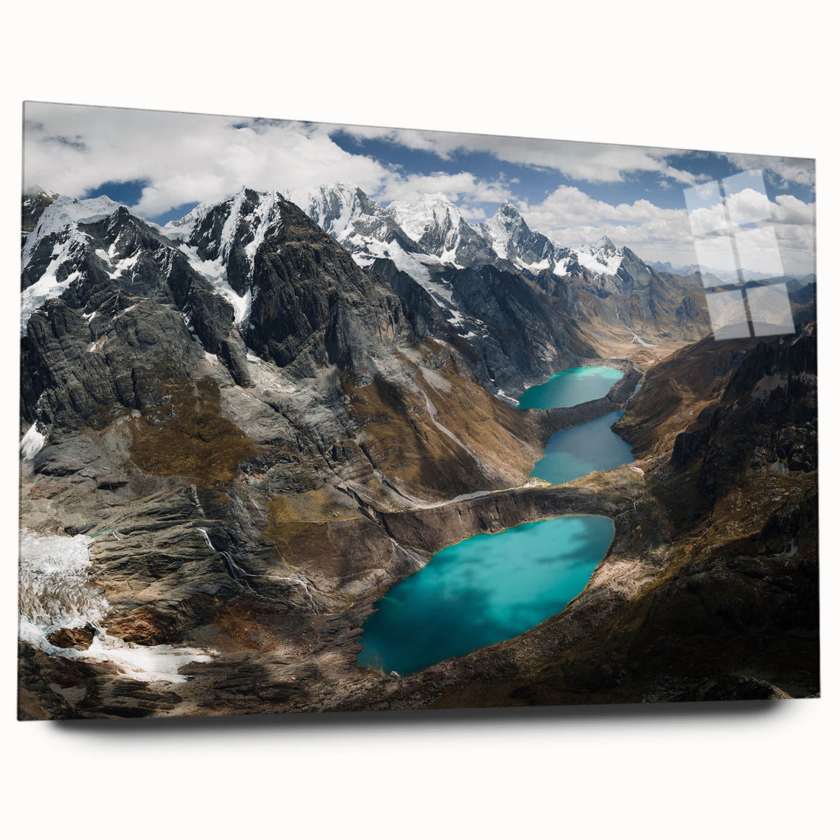 Large abstract depiction of a South American landscape in muted earth tones on acrylic glass.
