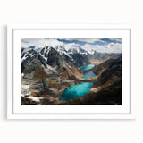 Abstract art print depicting a scenic view of Machu Picchu with muted earth tones, in a white framed mat.