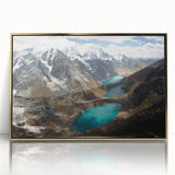 Mid-century modernist depiction of a Peruvian landscape on a large acrylic print with gold framing.