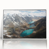 Art deco poster featuring a scenic view of a Peruvian landscape in muted earth tones, framed in white acrylic.