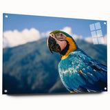 Large abstract wall art depicting a South American landscape in vibrant earth tones, printed on acrylic glass.
