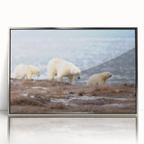 Mid-century modernist art depicting an Alaskan landscape in muted earth tones on a framed acrylic print.