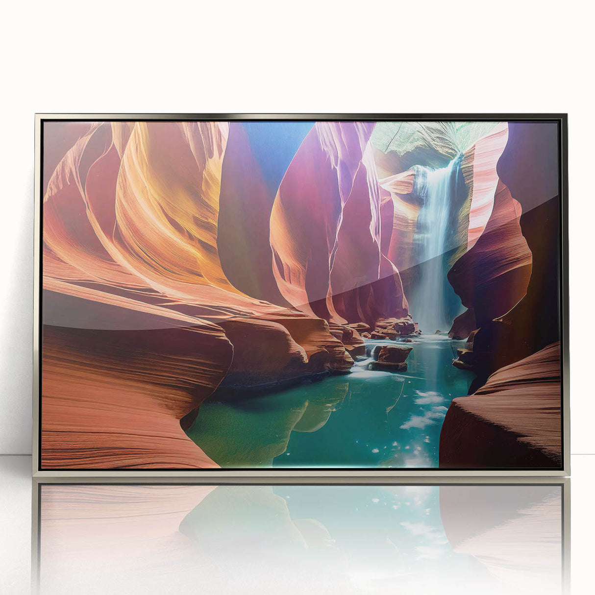 Mid-century modernist art depicting the Antelope Canyon in muted earth tones on a framed acrylic print.
