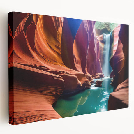 Antelope Canyon in Arizona depicted on a large stretched canvas with warm orange and red tones.