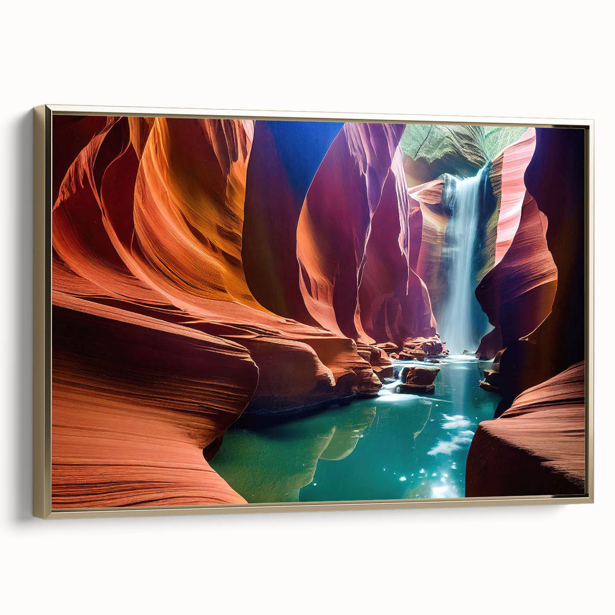 Antelope Canyon landscape on gold-framed canvas, featuring rich orange and brown tones, ideal for bedroom wall art.
