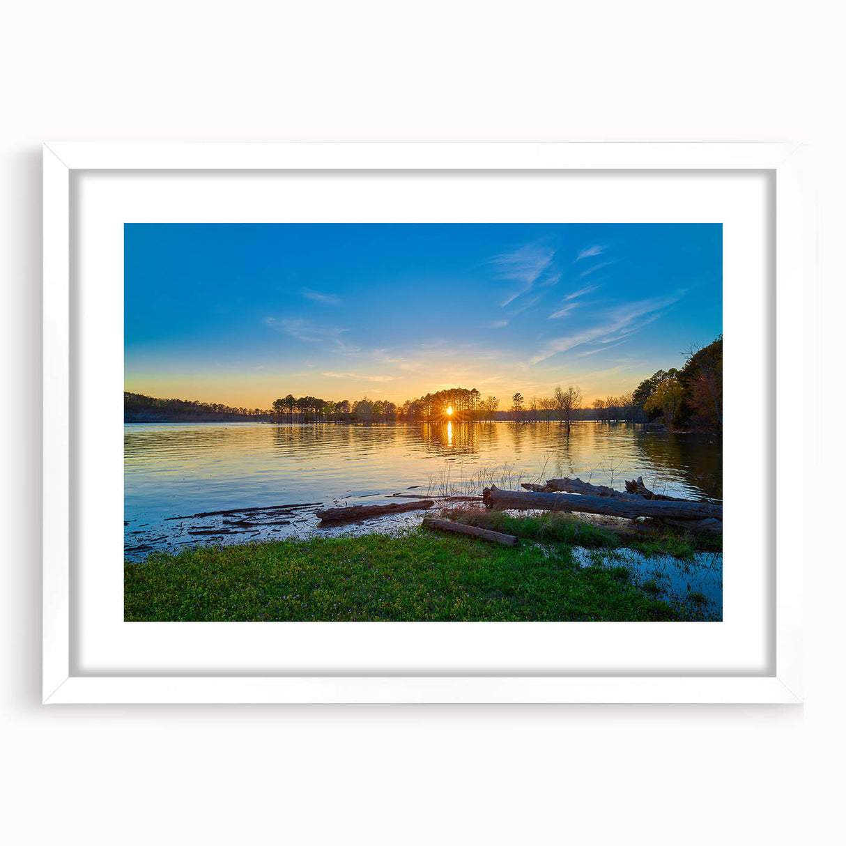 Abstract art print of a serene Arkansas landscape in muted earth tones on a white matted frame.
