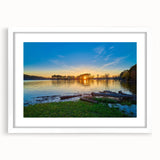 Abstract art print of a serene Arkansas landscape in muted earth tones on a white matted frame.
