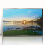 Mid-century modernist art depicting Arkansas scenery in cool blue tones on a framed acrylic, ideal for nursery wall decor.