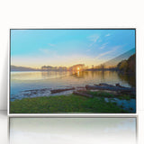 Acrylic print of a serene Arkansas landscape in soft pastel colors, framed in white, suitable for nursery wall art.