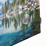 Large abstract wall art of Lake Tahoe in muted blue and green tones on acrylic glass, suited for dining room ambiance.