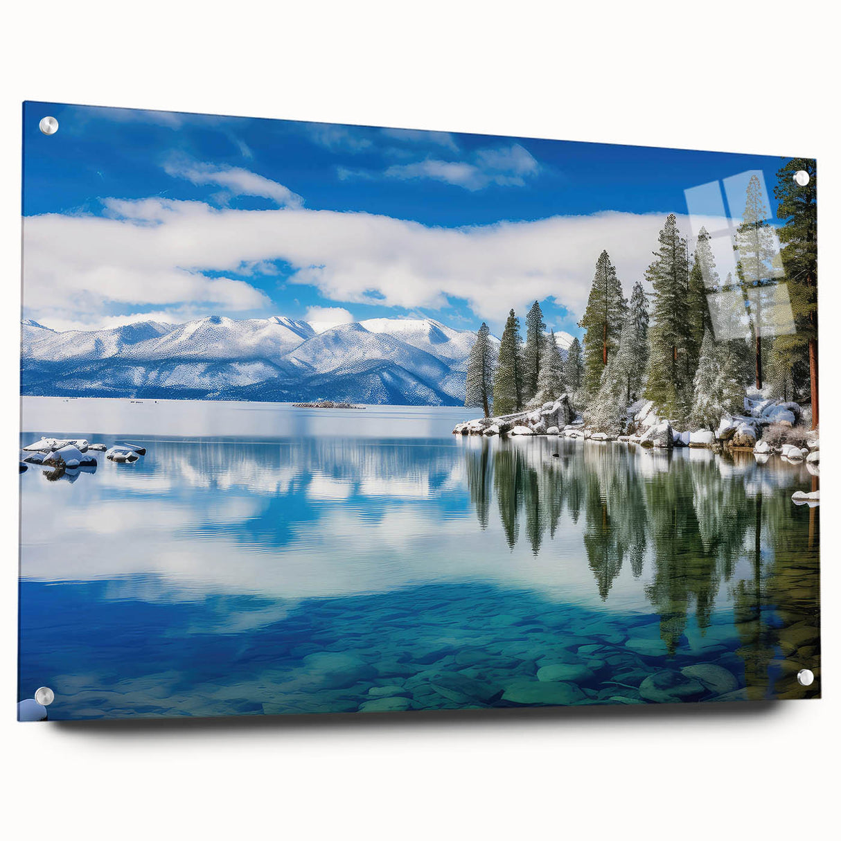 Acrylic print of Lake Tahoe with vibrant blue and green hues, ideal for bedroom or dining room decor.