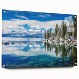 Acrylic print of Lake Tahoe with vibrant blue and green hues, ideal for bedroom or dining room decor.