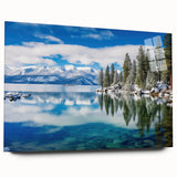 Large abstract wall art of Lake Tahoe in muted blue and green hues on acrylic glass, ideal for bedroom or dining room decor.