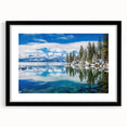 Extra large, textured abstract art print of Lake Tahoe in vibrant colors on a framed canvas, ideal for living room decor.