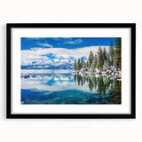 Extra large, textured abstract art print of Lake Tahoe in vibrant colors on a framed canvas, ideal for living room decor.