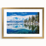 Extra large abstract art print of Lake Tahoe in gold frame with textured details, suitable for living room decor.