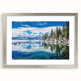 Textured art print of Lake Tahoe in abstract style, featuring muted blue and green tones on a framed silver mat.