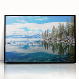 Large abstract wall art of Lake Tahoe with muted blue and green tones on a framed acrylic.