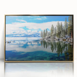Mid-century modernist art of Lake Tahoe in muted blues and greens on a framed acrylic, suitable for modern art wall decor.