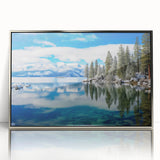 Mid-century modernist art of Lake Tahoe with subdued blue and silver tones on a framed acrylic print.
