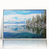 Art deco poster of Lake Tahoe with serene blue and white tones on framed acrylic, ideal for modern nursery wall art.