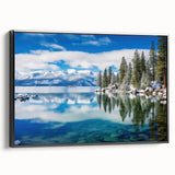 Black and white framed canvas of Lake Tahoe landscape, ideal for bedroom wall decor.