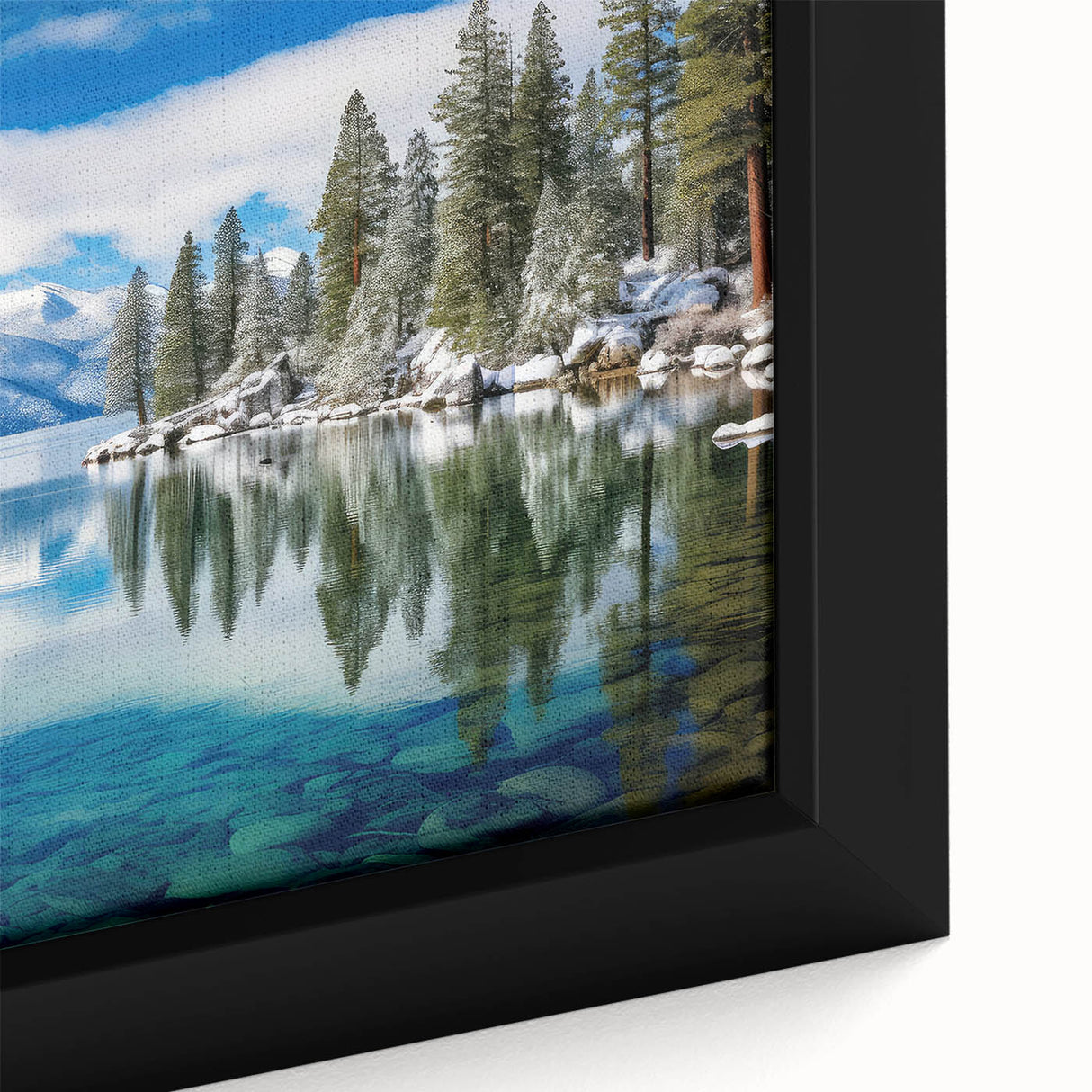 Extra large black framed canvas of Lake Tahoe with textured, colorful art, ideal for living room decor.