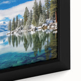 Extra large black framed canvas of Lake Tahoe with textured, colorful art, ideal for living room decor.
