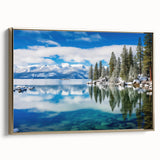 Framed canvas of Lake Tahoe landscape in muted blue and green tones, ideal for bedroom wall art.