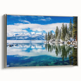 Landscape art painting of Lake Tahoe on a framed canvas, featuring vibrant blues and greens, ideal for living room decor.