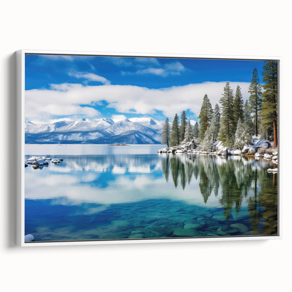 Vintage poster art of Lake Tahoe with vibrant colors on a large framed canvas, suitable for living room decor.