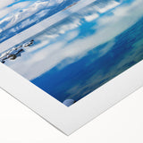 Art deco poster of Lake Tahoe in muted blues and greens on rolled canvas, suitable for dining room wall art.