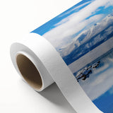 Art deco poster of Lake Tahoe on rolled canvas, featuring cool blue and green hues, ideal for nursery wall art.