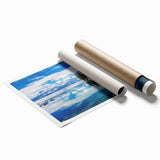 Scenic Lake Tahoe landscape on rolled print with soft blue and green tones, suited for large living room or bathroom decor.