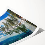 Extra large wall art featuring a serene Lake Tahoe landscape in soft blue and green tones, printed on rolled canvas.