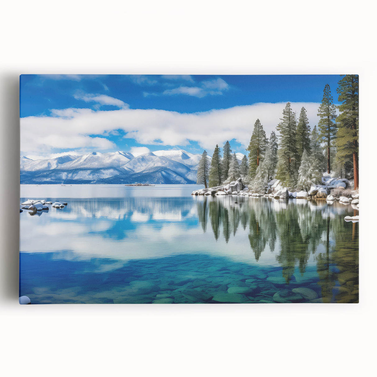 Black and white photograph of Lake Tahoe on large stretched canvas, ideal for kitchen wall art.
