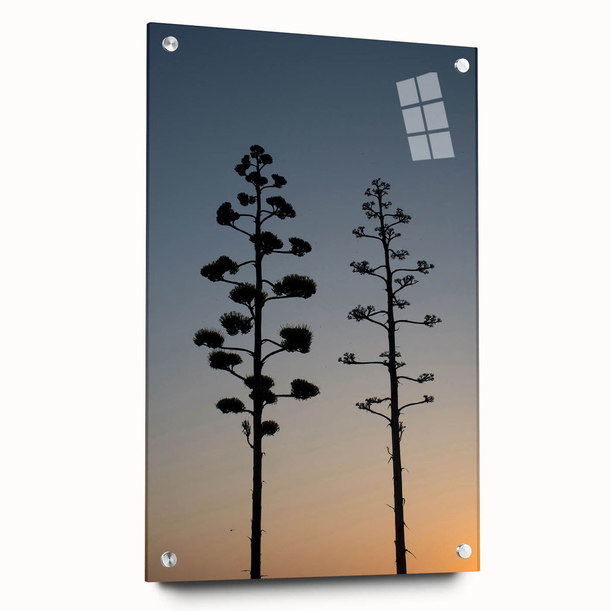 Acrylic print of Los Angeles skyline in muted gray and blue tones, suitable for bedroom or dining room decor.