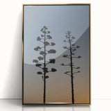 Framed acrylic print of Los Angeles skyline in gold and blue tones, ideal for modern art wall decor.