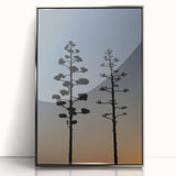 Mid-century modernist art depicting Los Angeles skyline in muted colors on a framed acrylic print.