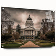 Acrylic print of a large abstract depiction of Sacramento, featuring vibrant blue and green tones.