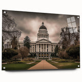 Acrylic print of a large abstract depiction of Sacramento, featuring vibrant blue and green tones.