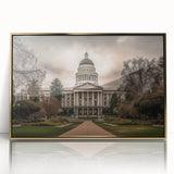Framed acrylic print of Sacramento scenery in mid-century modernist style, featuring muted gold tones.
